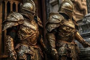 chevaliers dans armure à le château. médiéval guerrier. neural réseau ai généré photo