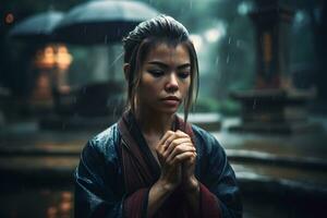 asiatique femme méditer dans le temple dans le pluie. neural réseau ai généré photo