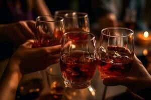 groupe de copains profiter de l'alcool boissons. Jeune gens mains applaudissement à bar restaurant. neural réseau ai généré photo