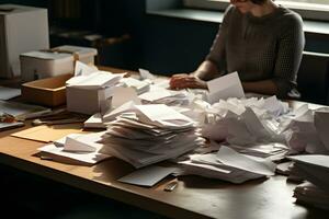 le beaucoup froissé papiers sur bureau de stressé Masculin lieu de travail. neural réseau ai généré photo