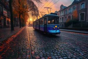 rétro tram dans européen ville. neural réseau ai généré photo