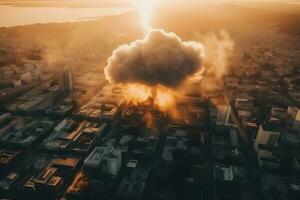 nucléaire explosion dans le ville. neural réseau ai généré photo