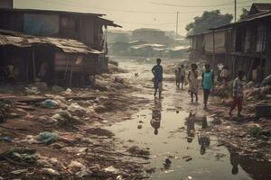 saleté route sur le rue dans Afrique, les enfants sont marche. neural réseau ai généré photo