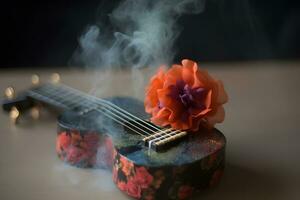 abstrait composition avec une guitare et fleurs sur une foncé Contexte. neural réseau ai généré photo