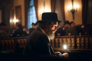 orthodoxe Juif lit prières dans le temple. neural réseau ai généré photo