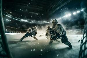la glace le hockey gardien de but joueur sur objectif dans action. neural réseau ai généré photo