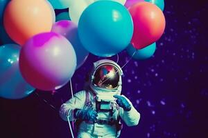 astronaute dessin animé flottant avec ballon planète dans espace Contexte. neural réseau ai généré photo