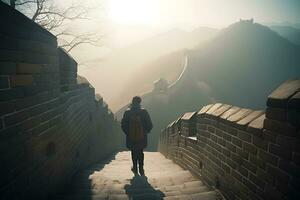 homme touristique des promenades le long de le génial mur de Chine. neural réseau ai généré photo