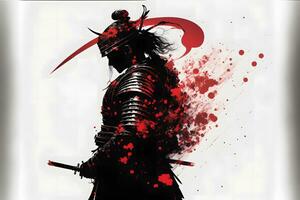 une réfléchi samouraï dans armure des stands dans profil contre le abstrait rouge et blanc Contexte. neural réseau généré art photo