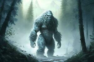 yéti ou abominable bonhomme de neige des promenades par hiver forêt zone. neural réseau généré art photo
