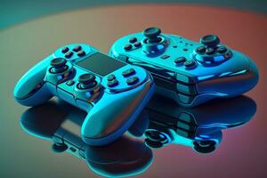 deux console jeu contrôleurs avec beaucoup boutons et brillant brillant corps surface. neural réseau généré art photo