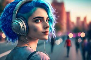 portrait de Jeune fille avec bleu cheveux écoute la musique avec écouteurs sur ville rue. neural réseau généré art photo