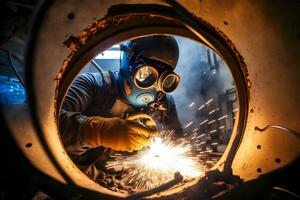 soudeur travaux avec industriel automobile partie dans métal usine. neural réseau généré art photo