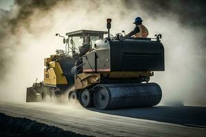 ouvrier en fonctionnement asphalte pavé machine finisseur pendant route construction et réparer travaux. neural réseau généré art photo