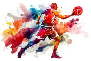 basketball aquarelle éclaboussure joueur dans action avec une Balle isolé sur blanc Contexte. neural réseau généré art photo