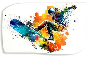 homme snowboarder sauter sur snowboard avec arc-en-ciel aquarelle éclaboussure isolé sur blanc Contexte. neural réseau généré art photo