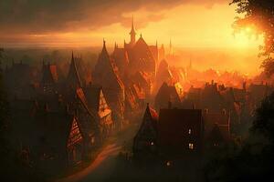 lever du soleil dans vieux européen ville paysage. neural réseau ai généré photo
