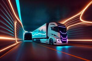 un camion bande annonce conduite à le néon tunnel. neural réseau généré art photo