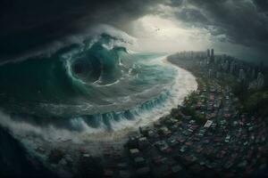 tsunami vague apocalyptique l'eau vue Urbain inonder tempête. neural réseau ai généré photo