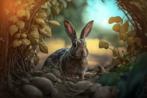 mignonne marron lièvre, lepus l'Europe, sauter plus proche sur herbe dans printemps la nature. Jeune marron lapin à venir vers l'avant dans vert région sauvage. neural réseau ai généré photo