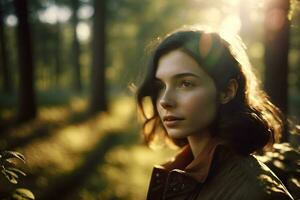 portrait de une voyageur fille dans le forêt. neural réseau ai généré photo