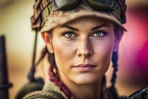 jolie femelle soldat portrait. neural réseau ai généré photo