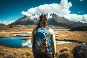 touristique avec une sac à dos dans une Montagne randonnée. neural réseau ai généré photo