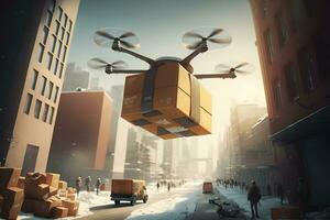 drone livraison livrer gros marron Publier paquet dans Urbain ville. neural réseau ai généré photo