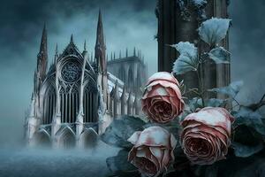 hiver gothique Château avec des roses. neural réseau ai généré photo