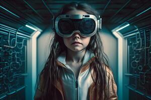 Jeune fille avoir expérience vr casque est en utilisant augmenté réalité lunettes étant dans virtuel réalité. neural réseau ai généré photo