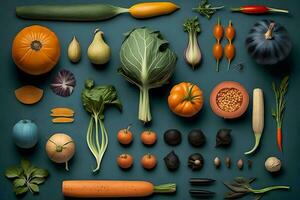 des légumes différent plat poser. nourriture concept. neural réseau ai généré photo