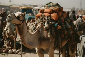 bédouins et chameaux dans le bazar. neural réseau ai généré photo