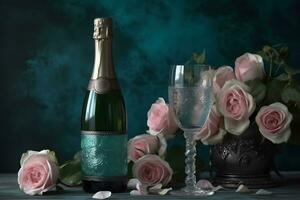 Champagne et des roses élégant Contexte. neural réseau ai généré photo