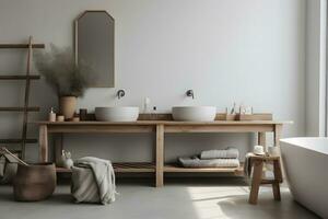 moderne intérieur conception - salle de bains dans gris et en bois finition. neural réseau ai généré photo
