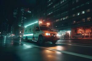 ambulance va sur le nuit pluvieux ville. neural réseau ai généré photo