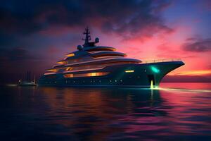 yacht avec néon éclairage. neural réseau ai généré photo