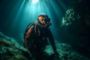 scaphandre autonome plongeur nager en dessous de l'eau. neural réseau ai généré photo