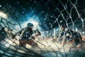 la glace le hockey gardien de but joueur sur objectif dans action. neural réseau ai généré photo