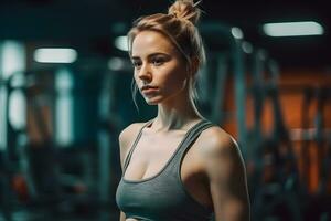 portrait de un athlète fille dans le salle de sport. neural réseau ai généré photo