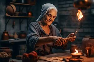 le vieux sorcière cuisiniers une sorcellerie potion dans le fourré de le forêt. Fée contes sur Halloween. neural réseau ai généré photo