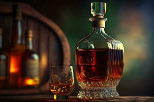 vieux whisky verre proche à ancien bouteille sur en bois tableau. neural réseau généré art photo