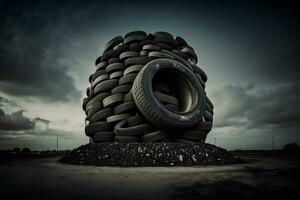 gros pile de utilisé vieux voiture pneus pour recyclage. neural réseau généré art photo