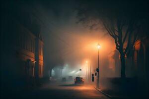 silhouette dans brumeux ruelle à nuit ville rue, mystère et horreur brumeux paysage urbain atmosphère. neural réseau généré art photo