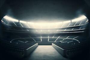 intérieur vue de un illuminé football stade pour une jeu. neural réseau généré art photo