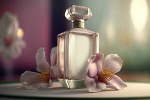 magnifique aux femmes parfum bouteille avec orchidées. neural réseau généré art photo