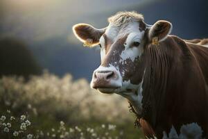 vert Prairie dans montagnes et vache, été paysage. neural réseau ai généré photo