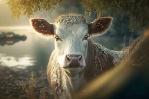 vert Prairie dans montagnes et vache, été paysage. neural réseau ai généré photo