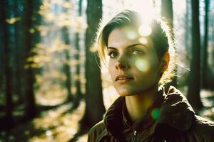 portrait de une voyageur fille dans le forêt. neural réseau ai généré photo