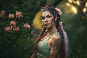 magnifique femme avec longue tresses dans le forêt. neural réseau ai généré photo