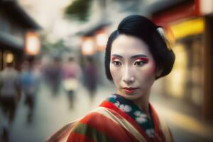 portrait de une Japonais femme dans nationale vêtements. neural réseau ai généré photo